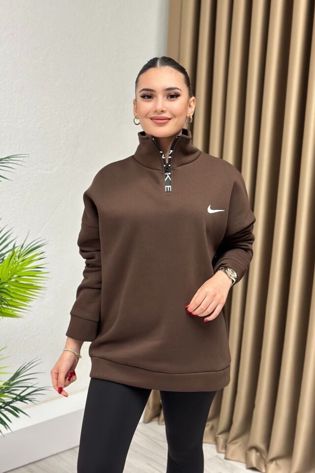 Marka Model Fermuarlı Dik Yaka Sweatshirt Acı Kahve