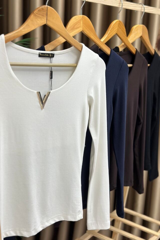 Orjinal Marka Modal Kumaş Metal V Detaylı Uzun Kol Body Siyah