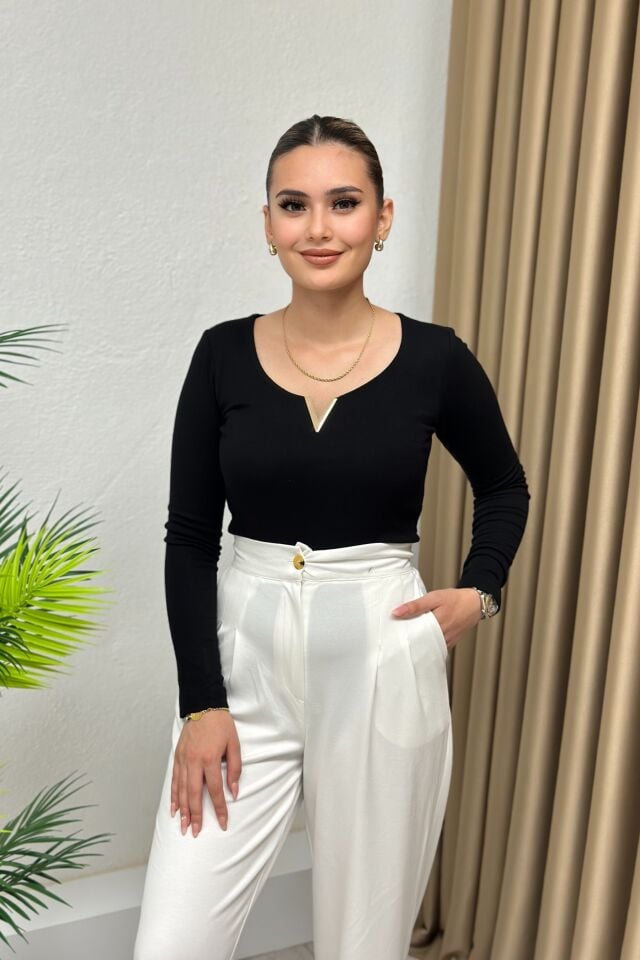 Orjinal Marka Modal Kumaş Metal V Detaylı Uzun Kol Body Siyah