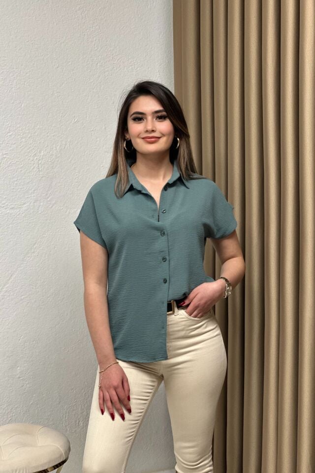Ayrobin Kumaş Kısa Kollu Gömlek Mint Yeşil