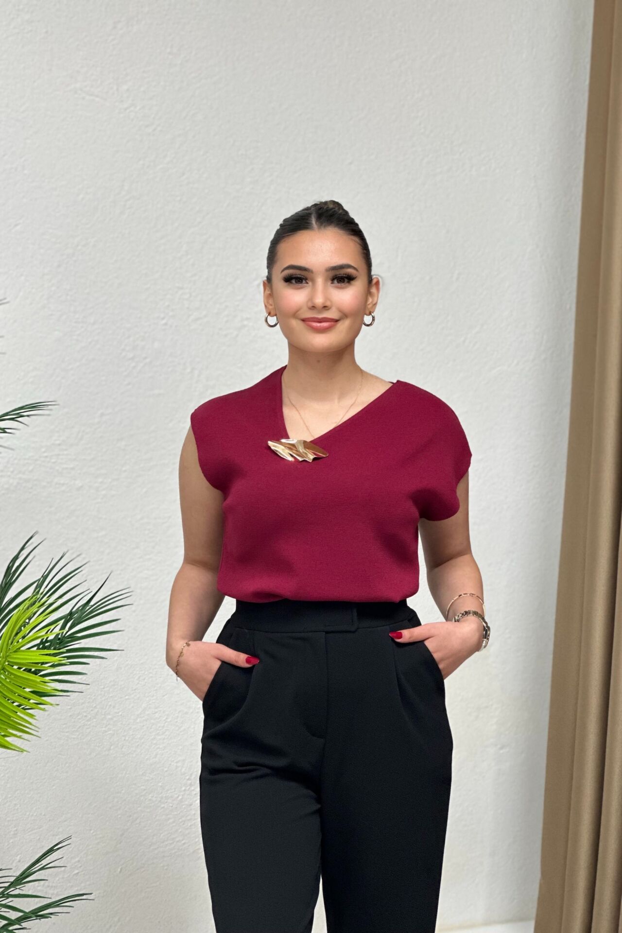 Metal Aksesuarlı Tasarım Bluz Bordo