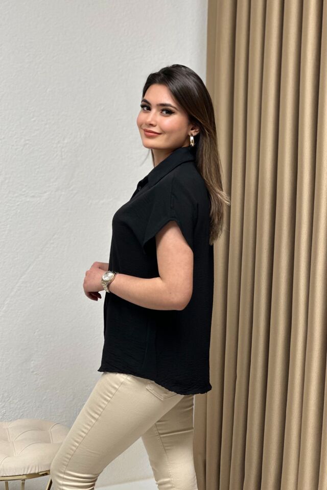 Ayrobin Kumaş Kısa Kollu Gömlek Siyah