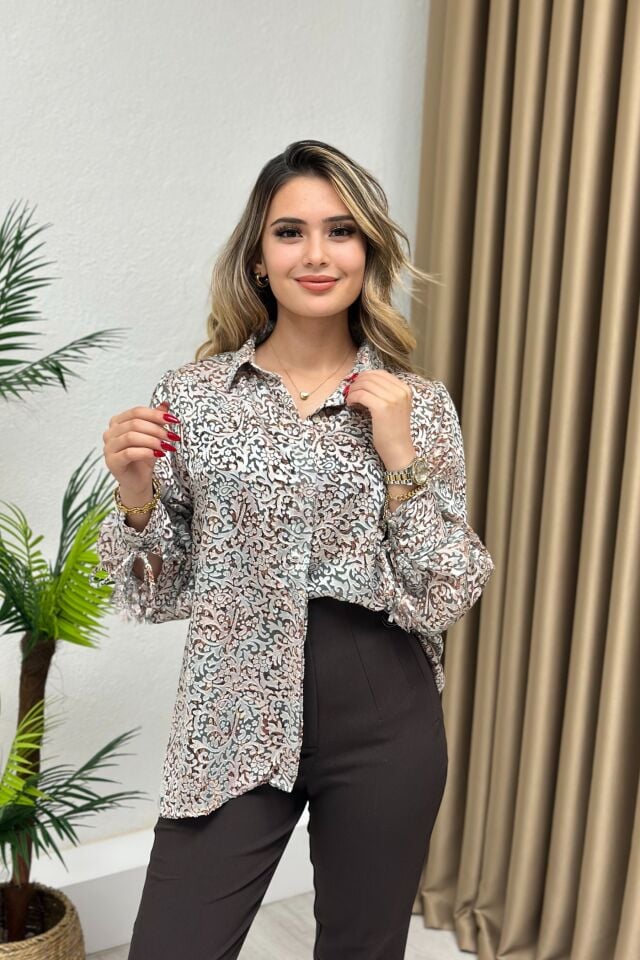 Premium Kalite Flok Baskılı Gömlek Kahverengi
