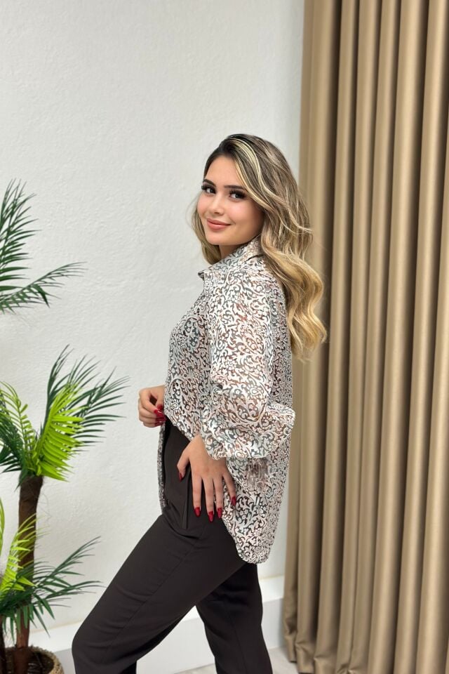 Premium Kalite Flok Baskılı Gömlek Kahverengi