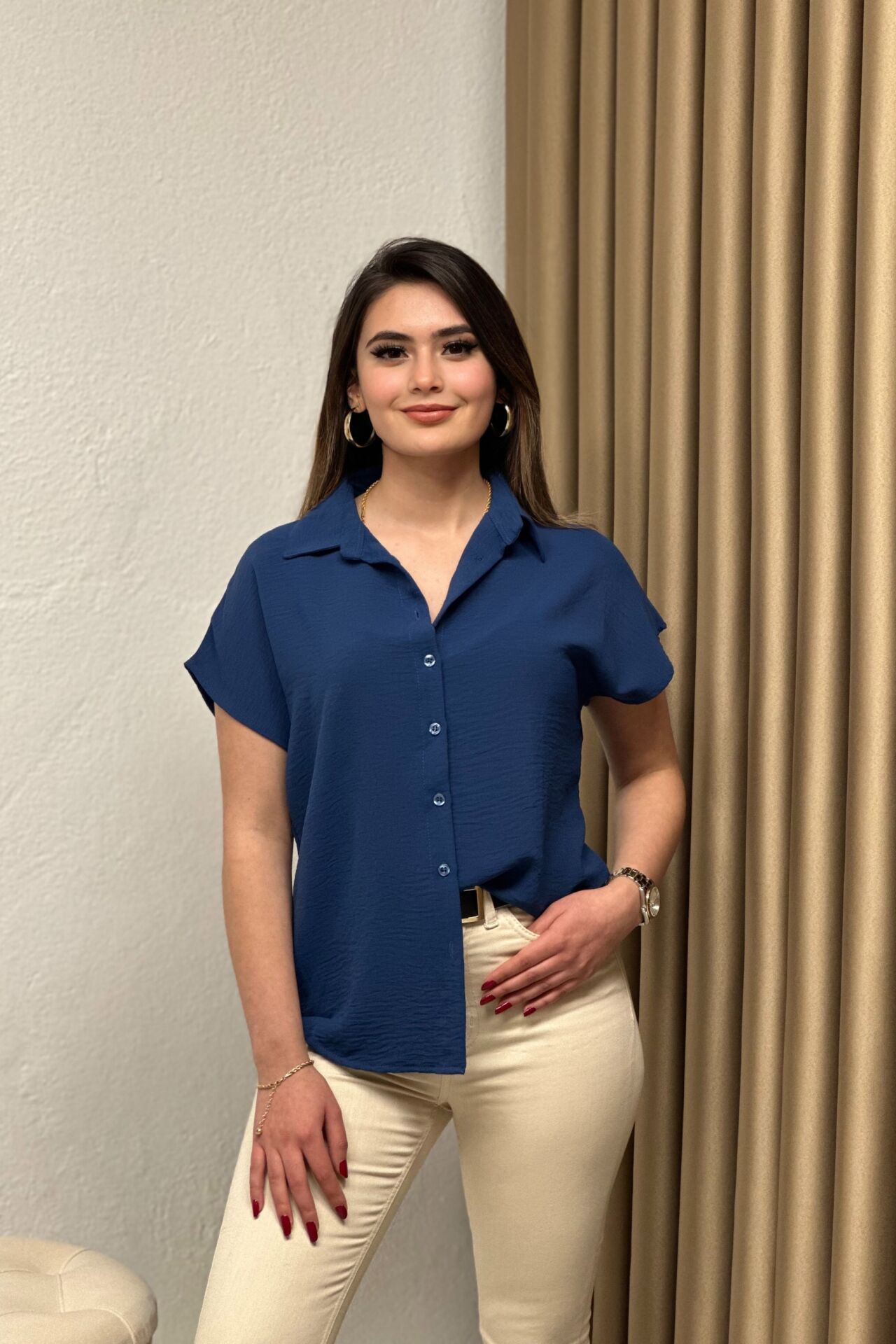 Ayrobin Kumaş Kısa Kollu Gömlek İndigo Mavi