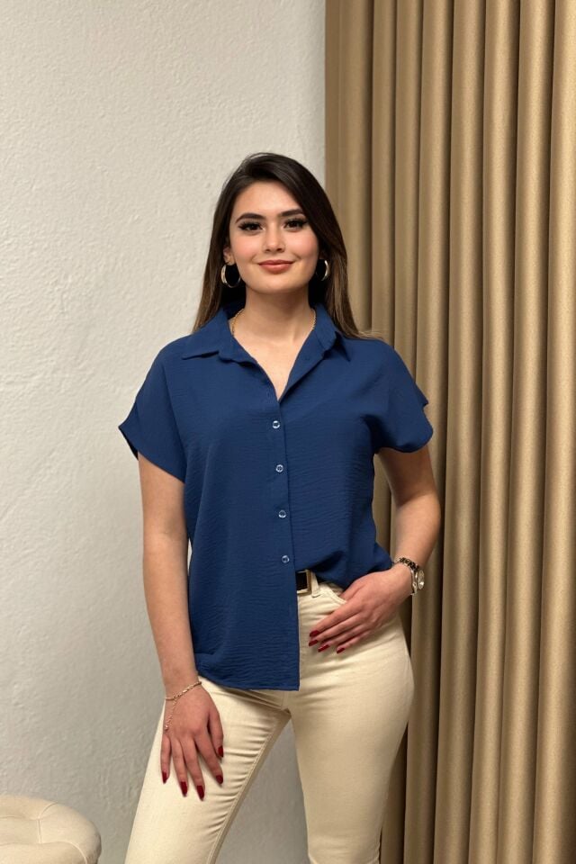 Ayrobin Kumaş Kısa Kollu Gömlek İndigo Mavi