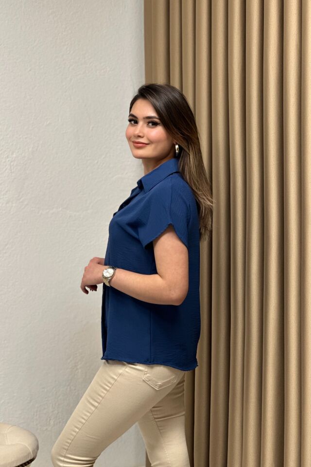 Ayrobin Kumaş Kısa Kollu Gömlek İndigo Mavi