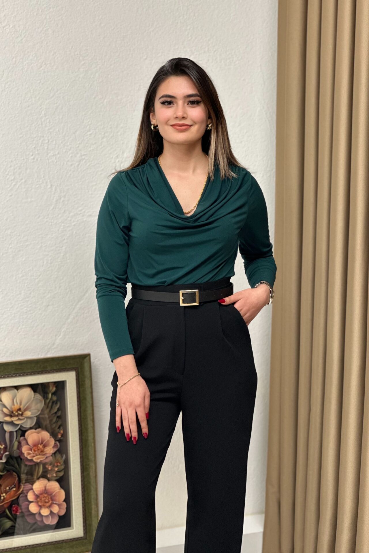 Degaje Yaka Sandy Kumaş Büyük Beden Bluz Zümrüt Yeşil