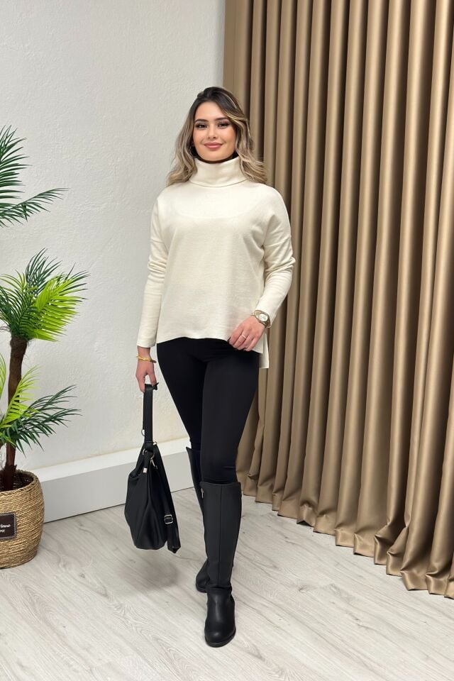 Balıkçı Yaka Yırtmaçlı Yumoş Kazak Ekru