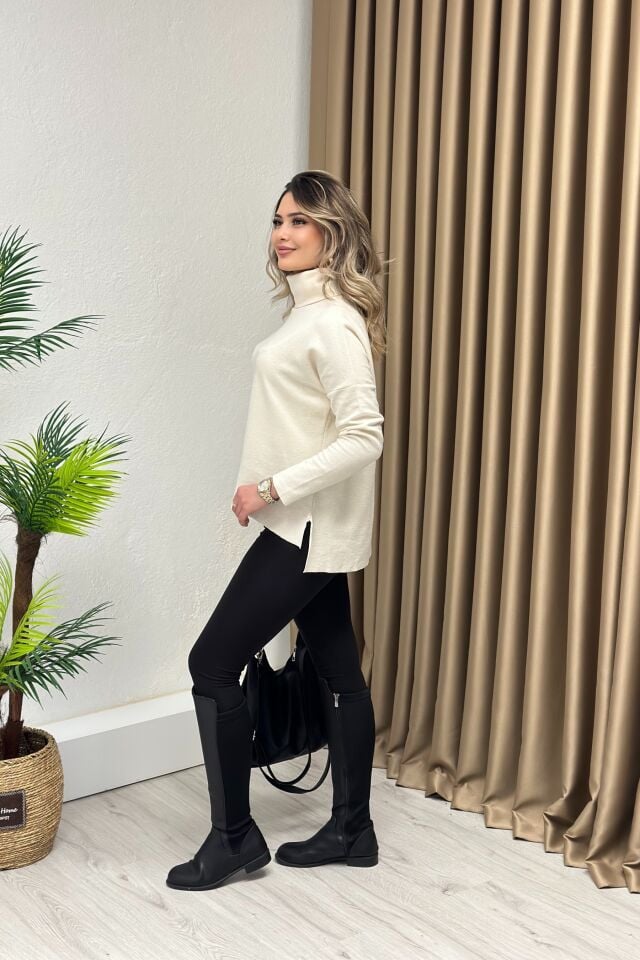 Balıkçı Yaka Yırtmaçlı Yumoş Kazak Ekru