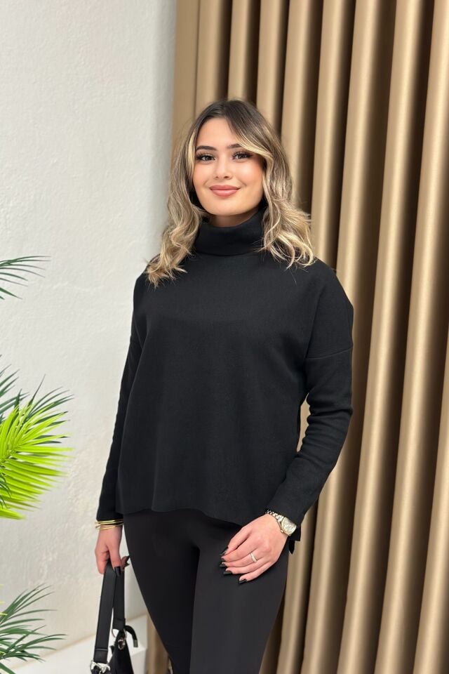 Balıkçı Yaka Yırtmaçlı Yumoş Kazak Siyah