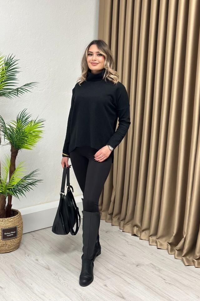 Balıkçı Yaka Yırtmaçlı Yumoş Kazak Siyah