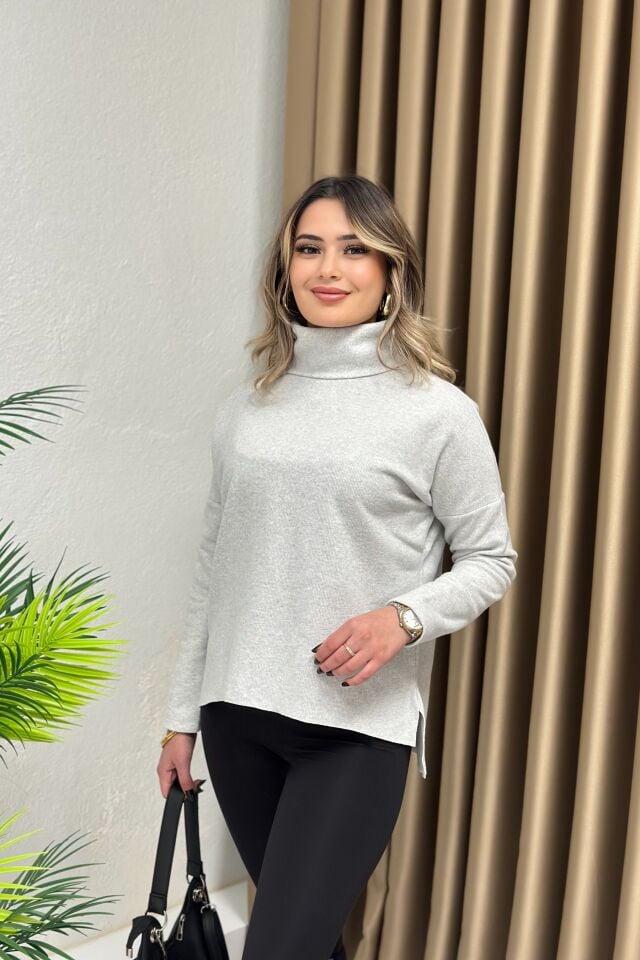 Balıkçı Yaka Yırtmaçlı Yumoş Kazak Gri