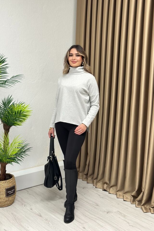 Balıkçı Yaka Yırtmaçlı Yumoş Kazak Gri