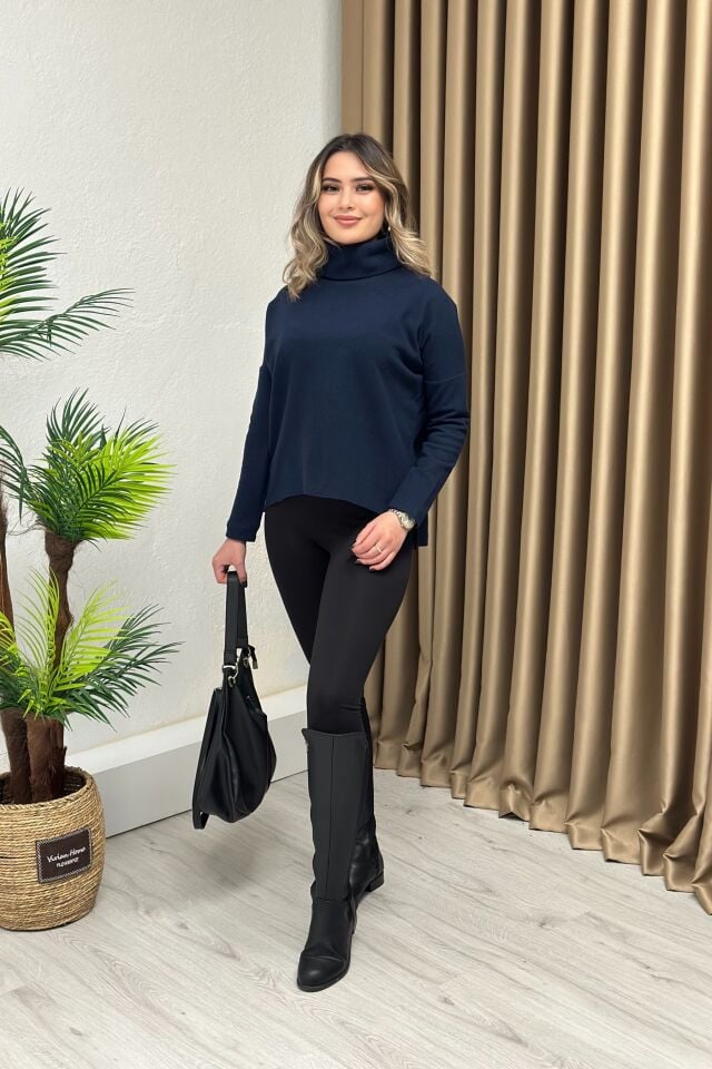 Balıkçı Yaka Yırtmaçlı Yumoş Kazak Lacivert