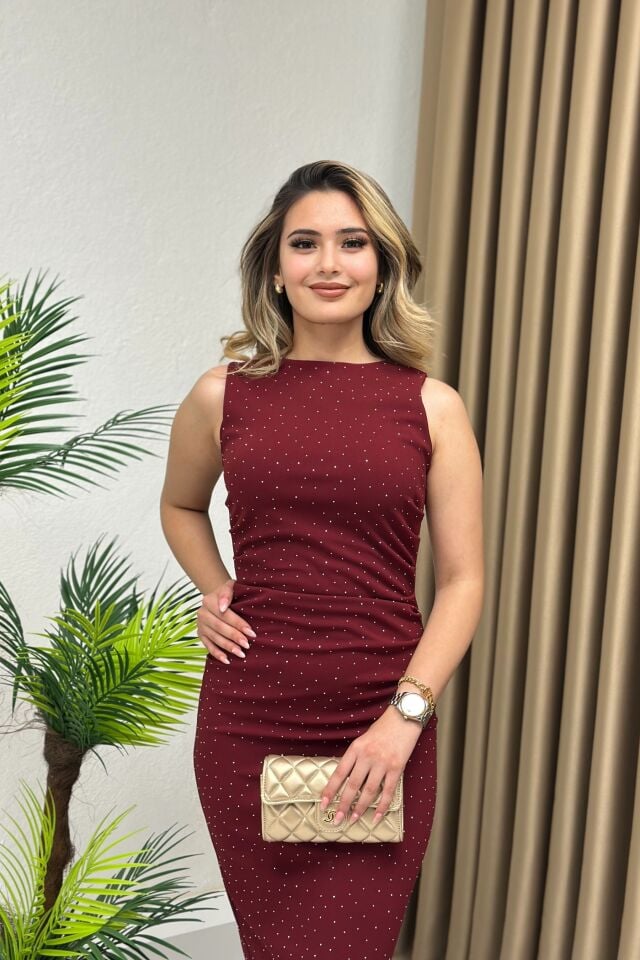 Kolsuz Parıltılı Krep Kumaş Elbise Bordo
