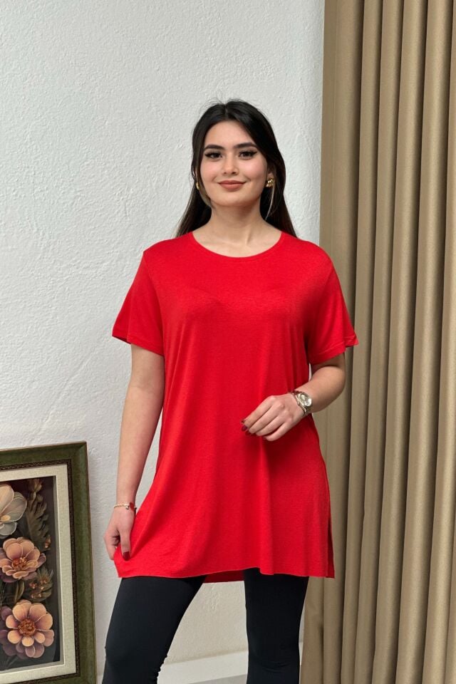 Bisiklet Yaka Yırtmaçlı Power Likra Viskon Kumaş T-Shirt Kırmızı