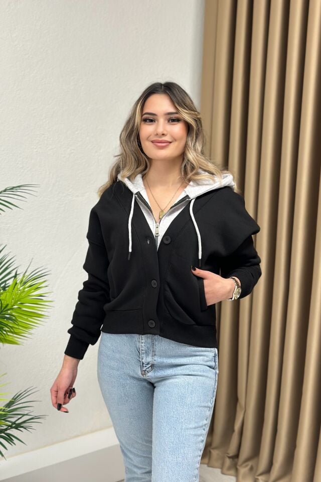 Tasarım Kapşonlu Ceket Siyah