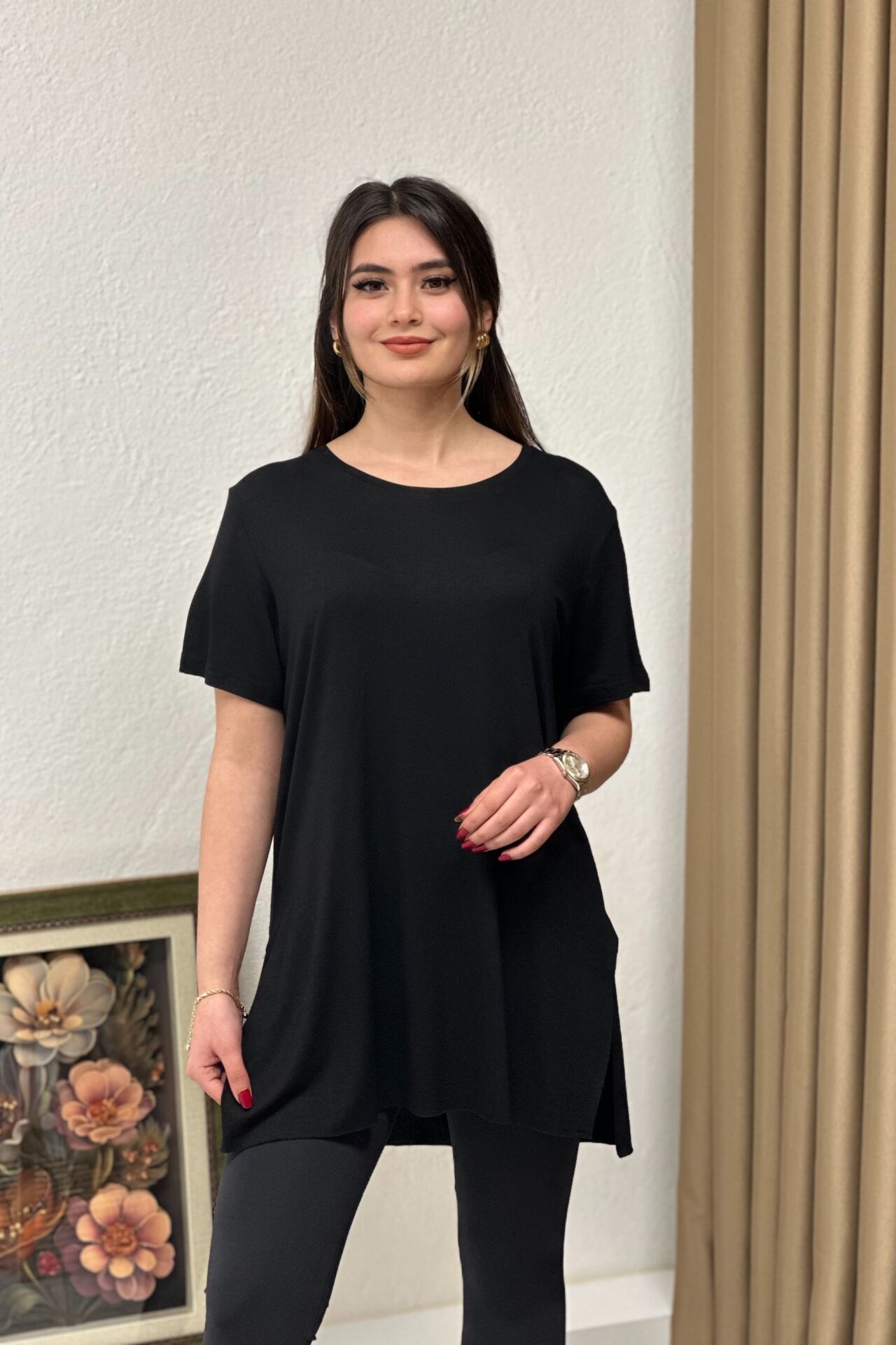 Bisiklet Yaka Yırtmaçlı Power Likra Viskon Kumaş T-Shirt Siyah