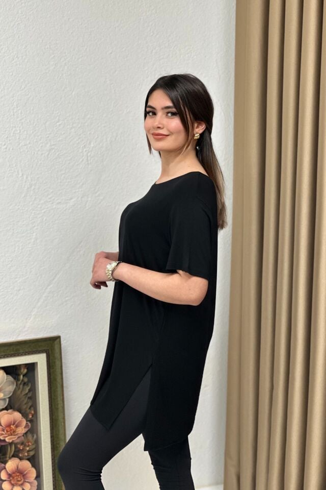 Bisiklet Yaka Yırtmaçlı Power Likra Viskon Kumaş T-Shirt Siyah