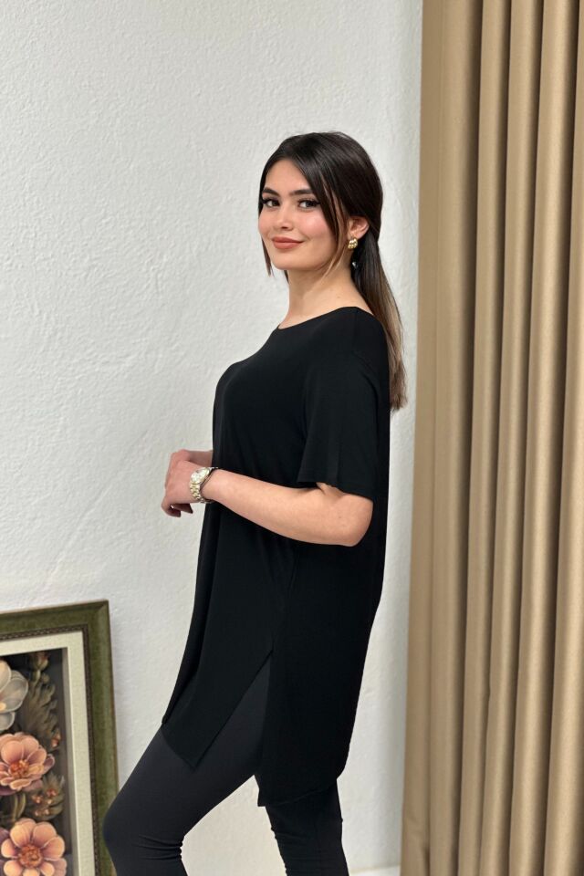 Bisiklet Yaka Yırtmaçlı Power Likra Viskon Kumaş T-Shirt Siyah