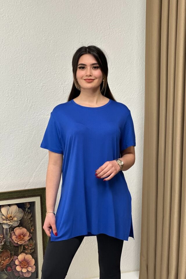 Bisiklet Yaka Yırtmaçlı Power Likra Viskon Kumaş T-Shirt Saks Mavi