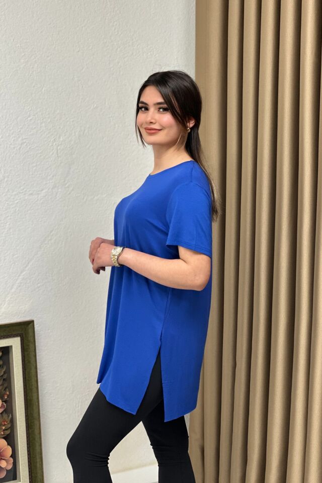 Bisiklet Yaka Yırtmaçlı Power Likra Viskon Kumaş T-Shirt Saks Mavi