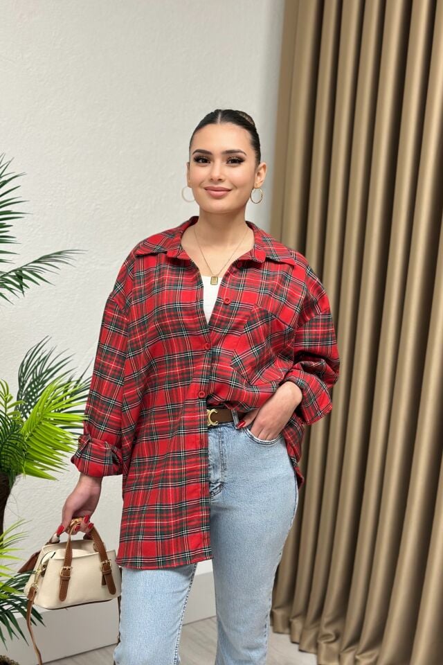 Oversize Yün Ekose Gömlek Kırmızı