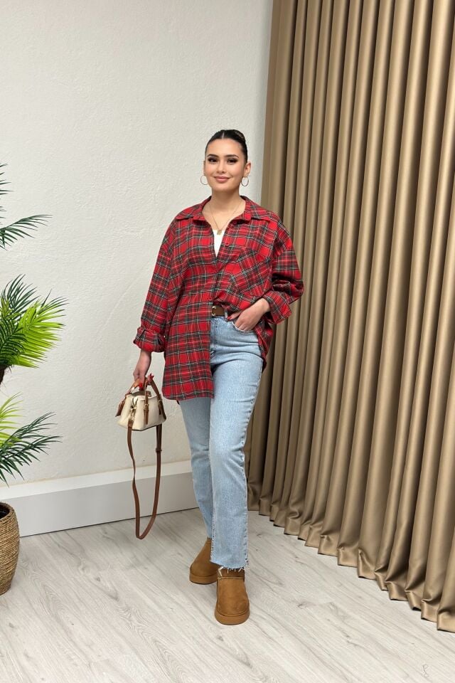 Oversize Yün Ekose Gömlek Kırmızı