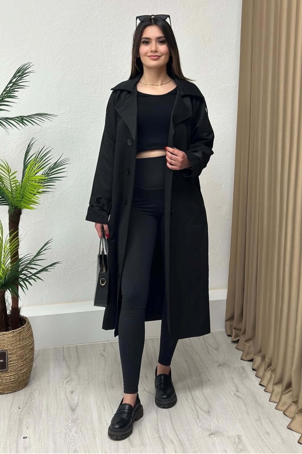 Premium Kalite Reglan Kol Kruvaze Trençkot Siyah