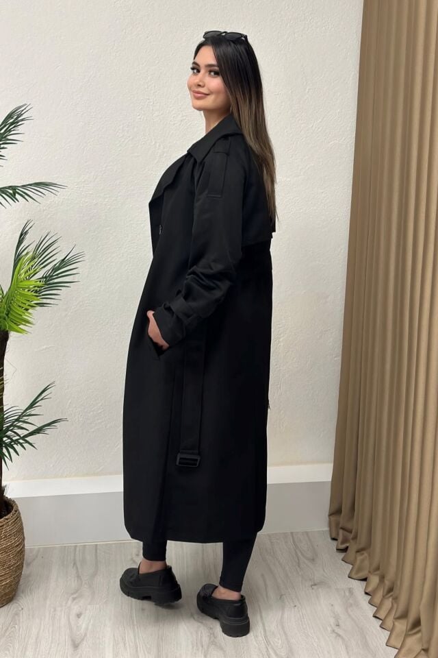 Premium Kalite Reglan Kol Kruvaze Trençkot Siyah