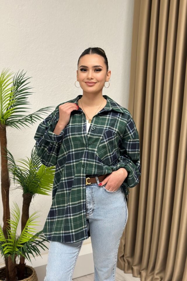Oversize Yün Ekose Gömlek Yeşil