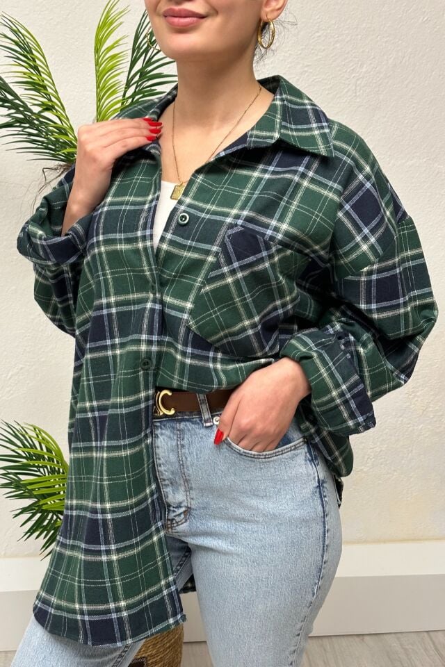 Oversize Yün Ekose Gömlek Yeşil