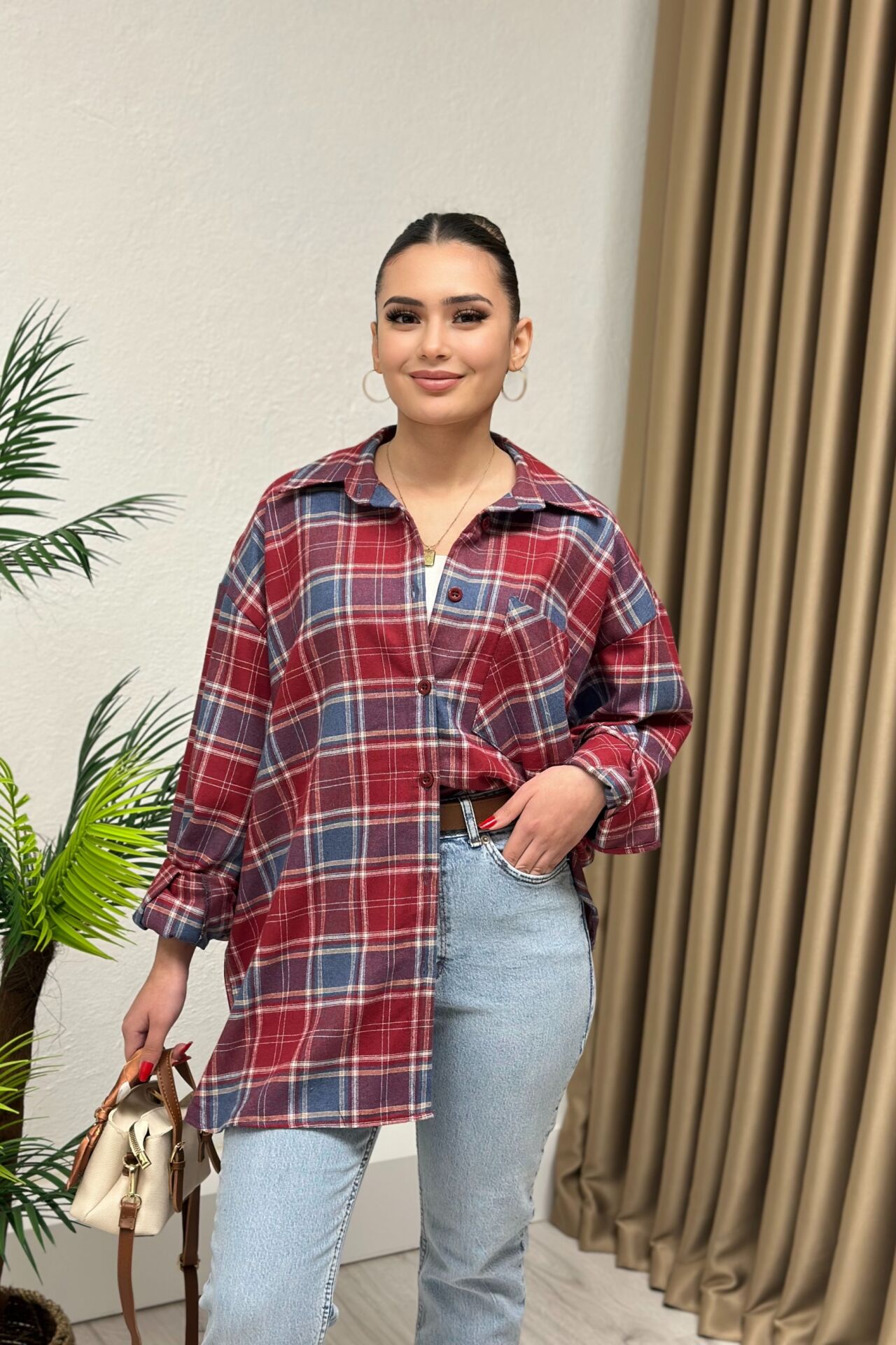 Oversize Yün Ekose Gömlek Bordo