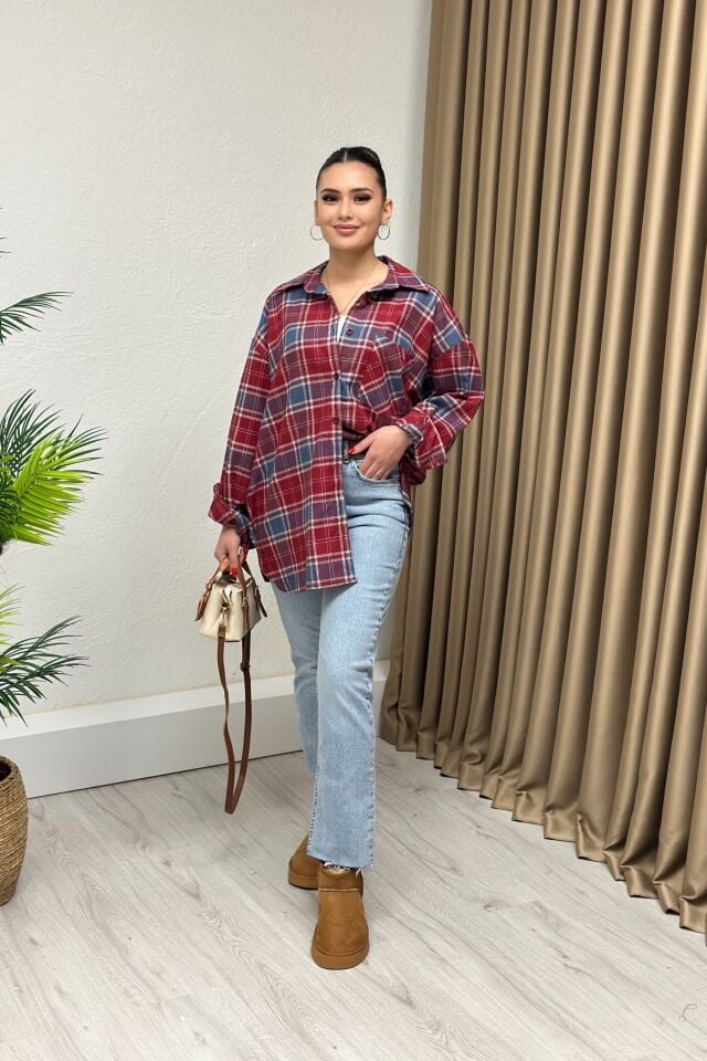 Oversize Yün Ekose Gömlek Bordo