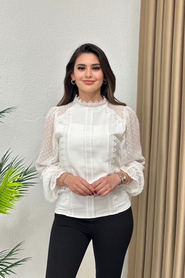 Tül Kol Güpür Detay Tasarım Bluz Beyaz