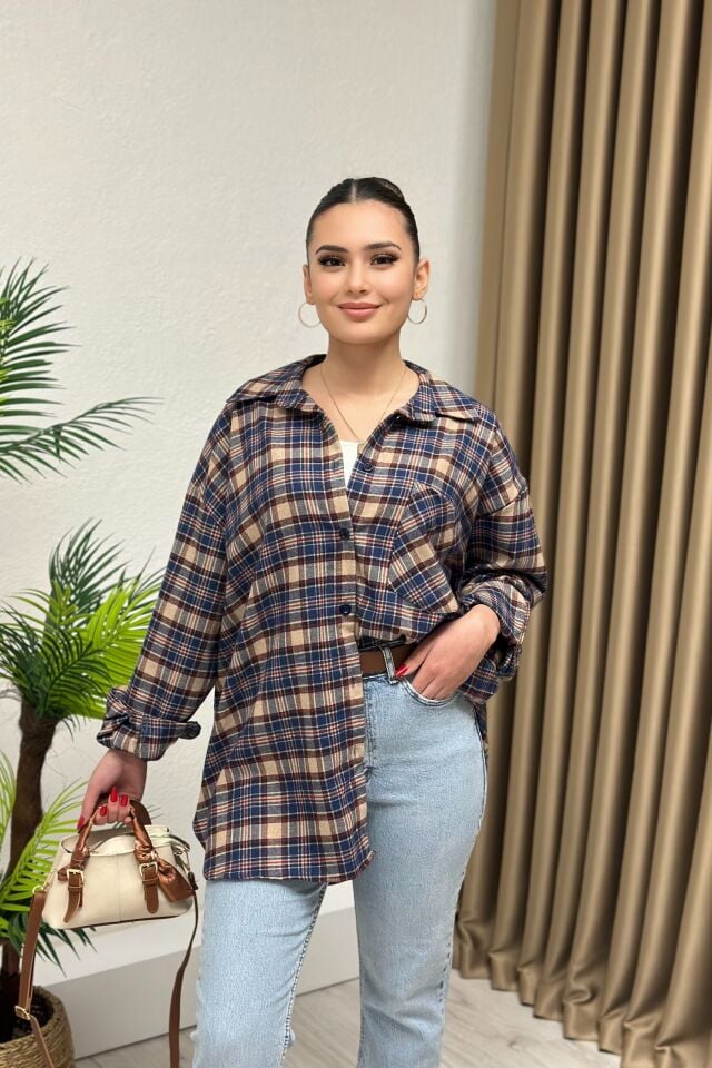 Oversize Yün Ekose Gömlek Kahverengi