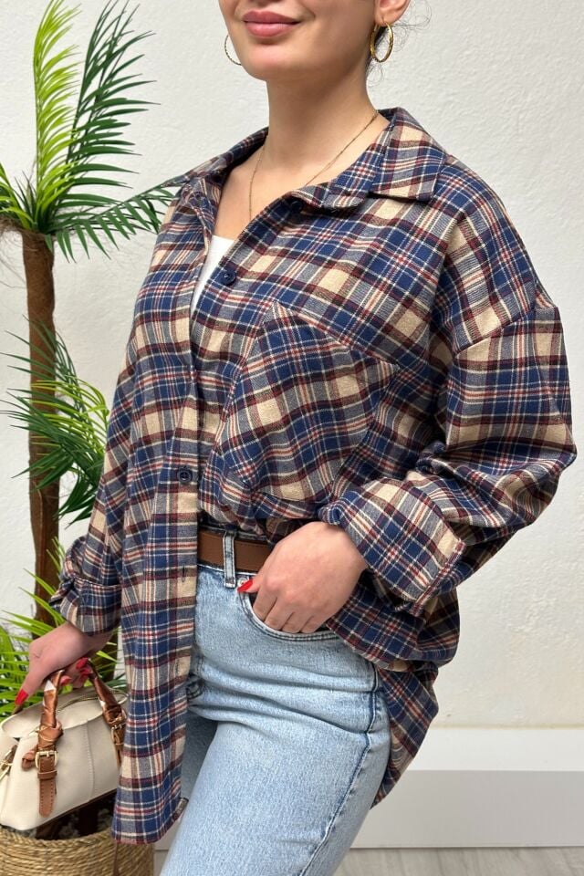 Oversize Yün Ekose Gömlek Kahverengi
