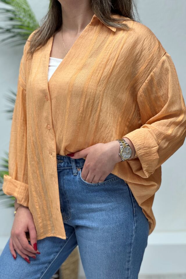 Nakışlı Tensel Kumaş Oversize Gömlek Açık Turuncu