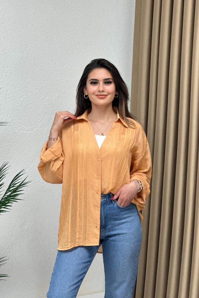 Nakışlı Tensel Kumaş Oversize Gömlek Açık Turuncu