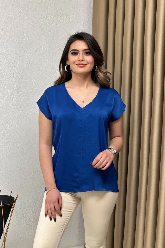 Saten Ayrobin Bluz Saks Mavi