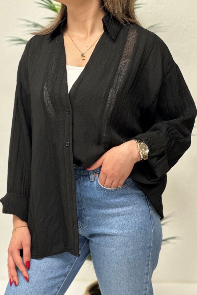 Nakışlı Tensel Kumaş Oversize Gömlek Siyah
