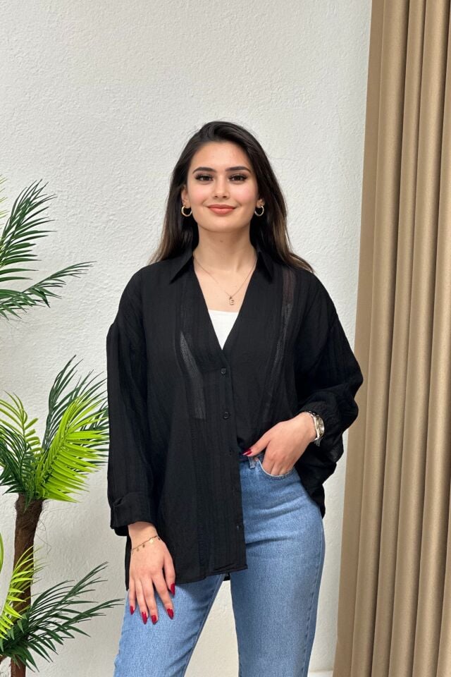 Nakışlı Tensel Kumaş Oversize Gömlek Siyah