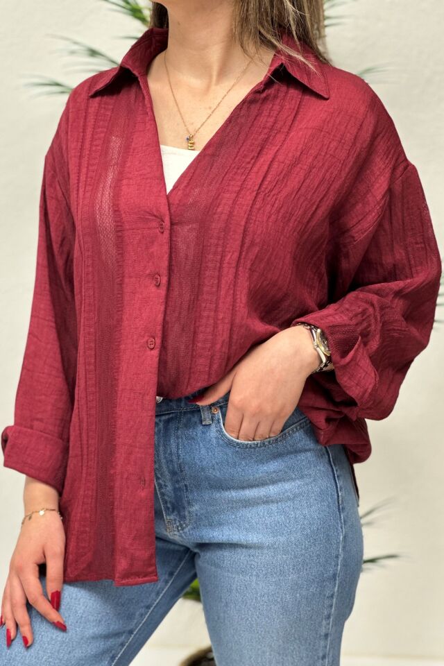 Nakışlı Tensel Kumaş Oversize Gömlek Bordo