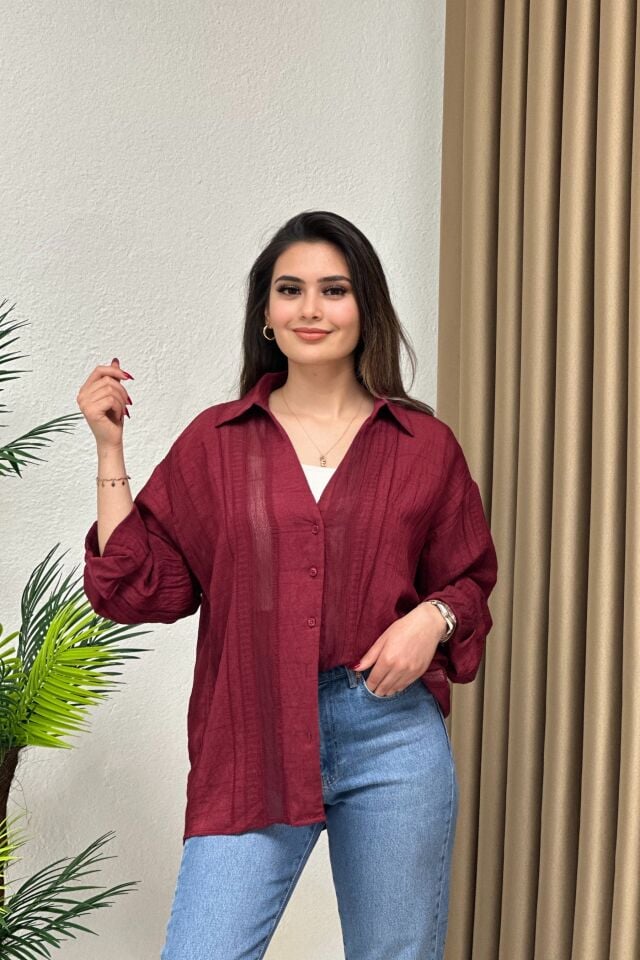 Nakışlı Tensel Kumaş Oversize Gömlek Bordo