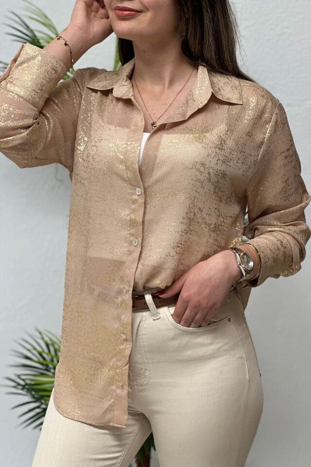 Gold Varaklı Tül Gömlek