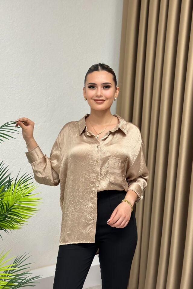 Saten Krinkıl Görünümlü Oversize Gömlek Bej