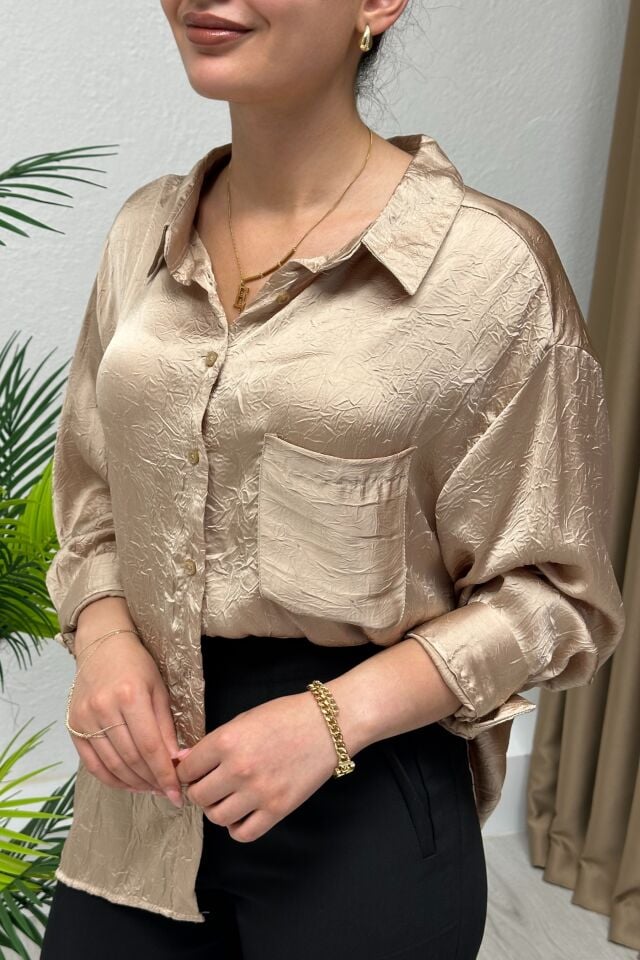 Saten Krinkıl Görünümlü Oversize Gömlek Bej