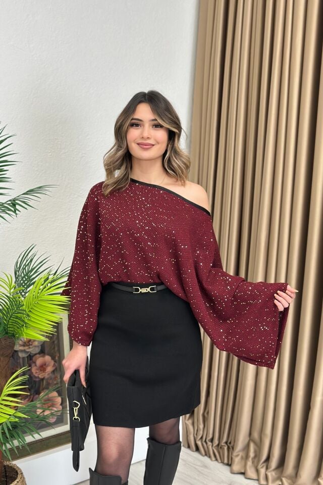 Makarna Kumaş Asimetrik Pullu Bluz Bordo