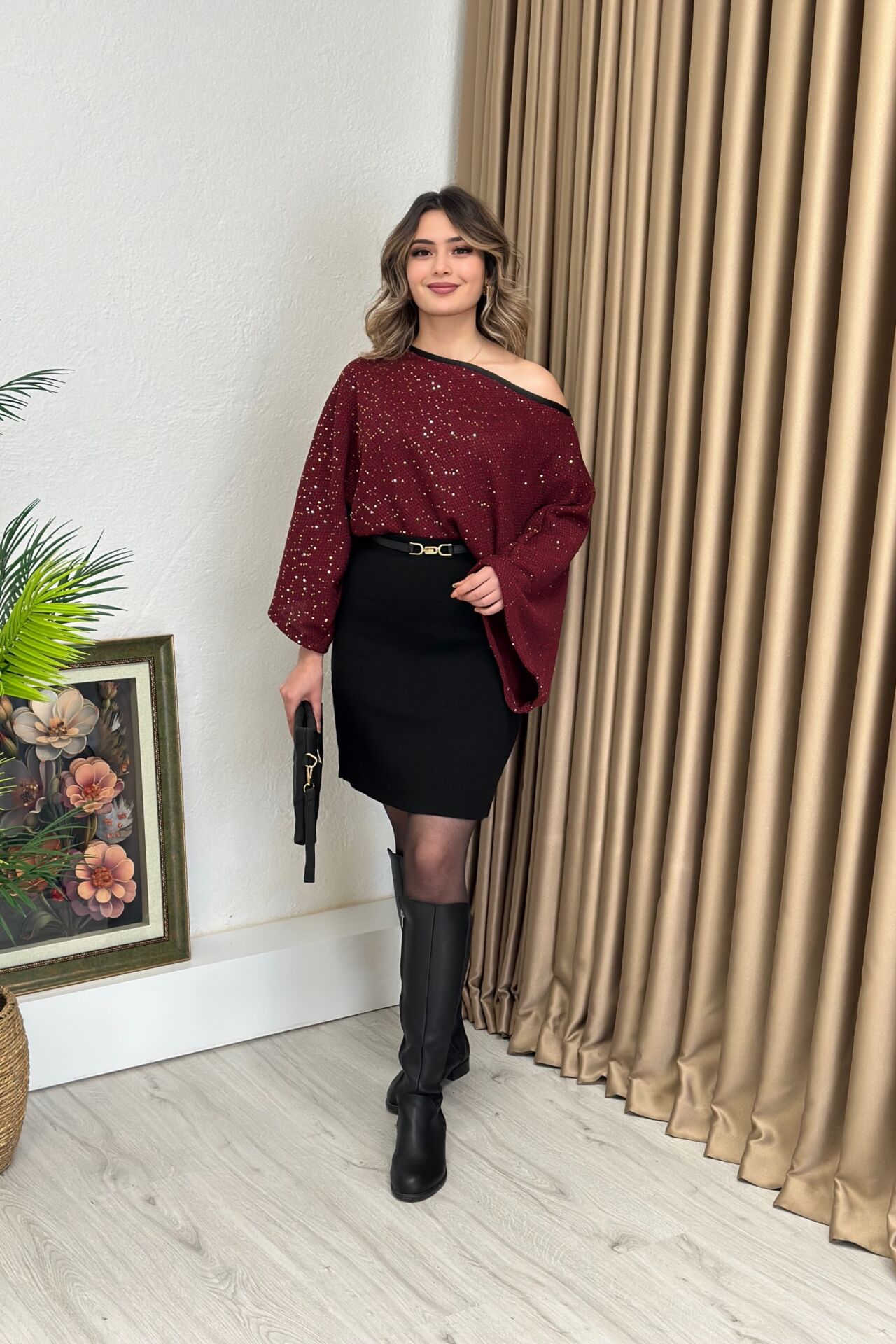 Makarna Kumaş Asimetrik Pullu Bluz Bordo